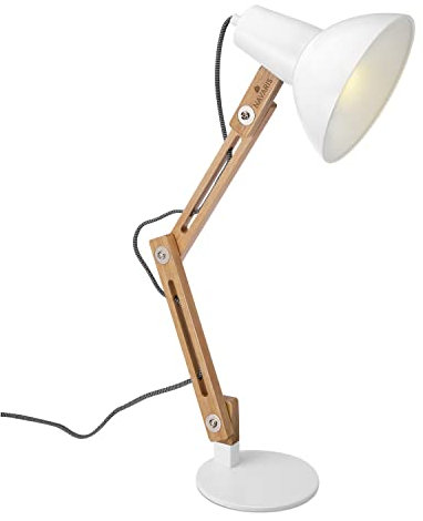 Navaris Design Holz Schreibtischlampe - E27 Fassung - mit Standfuß - Retro Tischlampe mit verstellbarem Gelenkarm - Vintage Nachttischlampe Weiß
