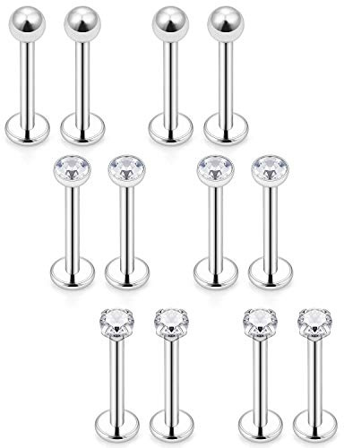 Mayhoop 12Piezas 16G Piercing Oreja Tragus Helix Acero Quirúrgico Bola Zircón Labio Labret Studs Anillo de Labios Daith Cartílago Mujer Hombre Joyería de Piercing Plata 8mm