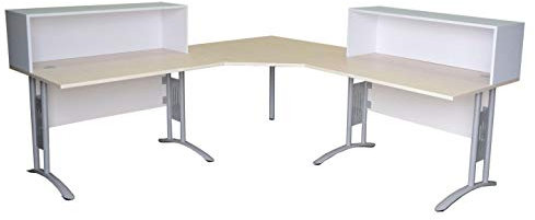 goodsforbusiness Empfangstheke mit 2 Arbeitsplätzen Praxistheke Bürotheke Ahorn/Weiß | Theke mit integrierten Schreibtischen | Empfangsarbeitsplatz mit Sichtschutz | Winkeltheke