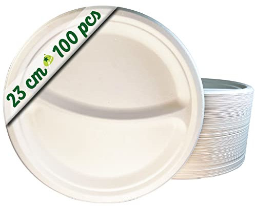 GoBeTree 100 Piatti monouso da 23 cm con 2 scomparti. Piatti in canna da zucchero, stoviglie monouso extraforti di colore bianco. Piatti rotondi.