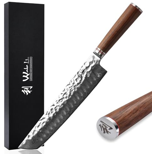 Wakoli Damast Chefmesser Tanto – 20 cm Klinge aus 67 Lagen VG10 Damaststahl mit Hammerschlag, Nussbaumholzgriff, extrem scharfes Profi-Kochmesser in Geschenkbox für Hobbyköche & Profis