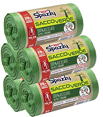 Domopak Spazzy Sacos Nettezza Saccoverde - Envolturas y cerradas 100 por ciento reciclado por postconsumo - Casalingo 28 litros - Verde - 5 paquetes de 20 unidades, 20 unidades (lote de 5)