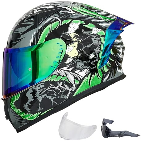 ILM Casque Moto Intégral pour Homme et Femme-Casque de Moto avec 2 Visières Compatible avec Pinlock Transparent et Teinté-Casque de Motocross Street Bike Modèle ECE Z501,Legend Green,XL | Visières et ailerons transparents et teintés, plusieurs aérations, technologie Comtex, variété de couleurs