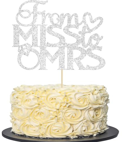 Gyufise 1Pcs Silver Glitter Miss To Mrs Cake Topper with Diamond Ring From Miss To Mrs Cake Decoration for Engagement Party Bachelorette Party Bridal Shower Party Cake Topper Decorations