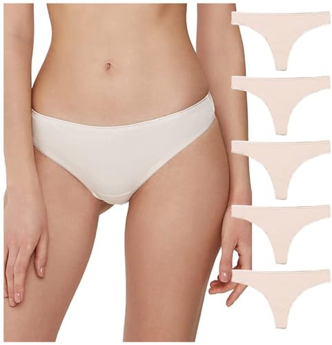 Conte elegant Lot de 5 Strings en Coton pour Femmes - Invisibles sous Vêtements - Slip Respirant avec Bande élastique - Tangas avec Taille Basse - LST 2000 - Naturel - Taille 94