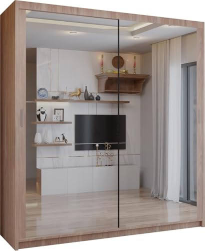 SLIDING WARDROBE 4U Double Mirror Door Large Free Standing Sliding Wardrobe for Bedroom with LED LIGHT 90/120/150/180/203cm (walnut, 120cm)