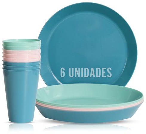 Mypicompany Confezione da 6 bicchieri in plastica dura e 6 piatti in plastica dura riutilizzabili piatti e bicchieri per compleanno. Servizio da tavola da campeggio adatto al microonde