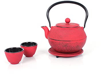 Echtwerk Juego de té de hierro colado 1,1 l con colador extraíble, tetera con posavasos y 2 tazas de té, tetera vintage para preparar té a granel Rojo