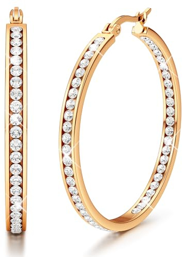 Adramata Silver Hoop Earrings for Women 316L Stainless Steel CZ Hoops | Sparkly Cubic Zirconia Simulated Diamond Silver Hoop Earrings,Hypoallergenic 40/50/60MM Large Hoops,Earrings for Women