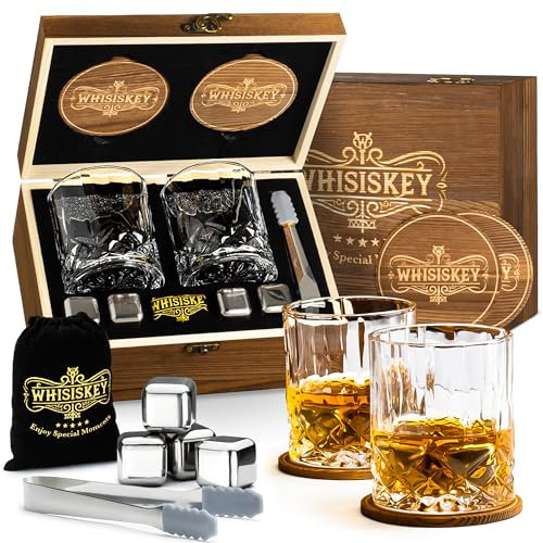 Whisiskey Set de Vasos de Whisky - Set de Regalo de Whisky - Vaso Whisky - Regalos Originales para Hombres - Caja de Regalo, 2 Vasos de Whiskey x 310ML, 4 Cubitos Hielo Reutilizables, Accesorios