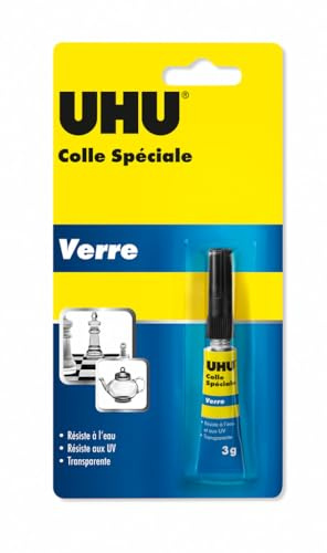 UHU Colle Spéciale Verre - Colle Forte Rapide Et Étanche - Réactive Aux UV - Résistante Aux Températures, À L'Eau, Au Lave-Vaisselle - Transparente - Tube 3 g
