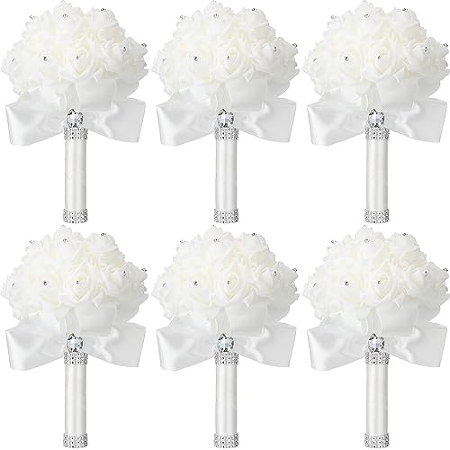 Jutom 6 Pack Wedding Bouquets for Bride Roses Bridesmaid Bouquet Bridal Bouquet Flowers Wedding Hand Holding Bouquet with Diamond Soft Ribbons for Engagement Bridal Shower Church Party (White)