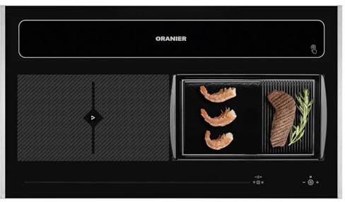 Oranier Kochfeld 90 cm Induktion KFL 2094 Kochfeldabzug - Flächen-Induktionskochfeld Abluft-Umluft Grillplatte halb-gerillt & Edelstahl Seitenleisten