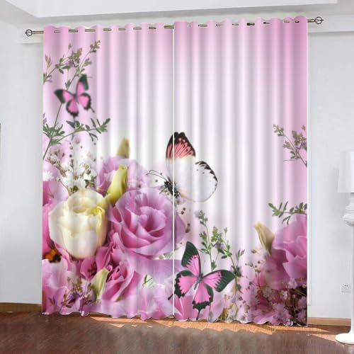 GIOVIA 3D Schmetterling Gardinen Abdunkelnde Frühling Blumen Kindervorhänge Vorhang mit ösen 2er Set Vorhänge Blickdicht Verdunkelungs für Kinderzimmer Schlafzimmer Wohnzimmer B 140 X H 160 cm