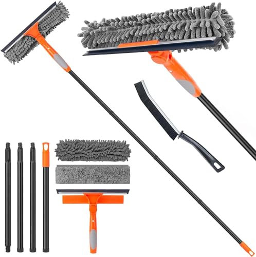 Window Cleaner Tool for Home, Long Handle 183 cm Squeegee Kit for Glass, Car Windshield, Mirror, Shower Door Cleaning, 2 in 1 Outdoor Window Washer with Extension Pole