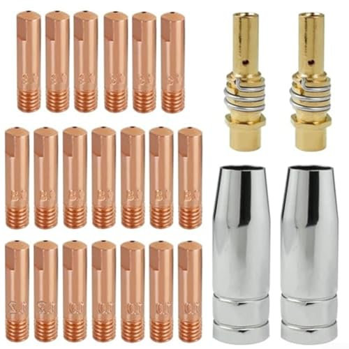 24 Stück Verschleißteile Set Schweißbrenner Zubehör mit 20pcs Power Düsen M6 0.6-1.2mm, 2pcs MIG MAG Gasdüsen und 2pcs Düsenstab M8