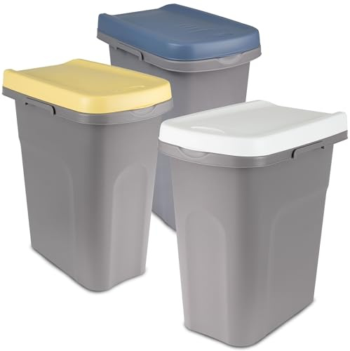 3x25L Mülleimer Küche weiß gelb blau 3 Fächer 3fach Gelber Sack Deckel Müll