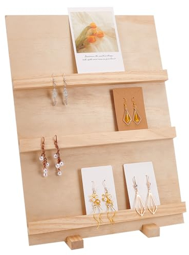 PH PandaHall 3-stufiger Holz-Ohrring-Kartenhalter, Einzelhandels-Schmuckregal Fotos Kartenständer Rustikaler Ohrring-Display-Ständer für Ohrring Sticker Schmuck