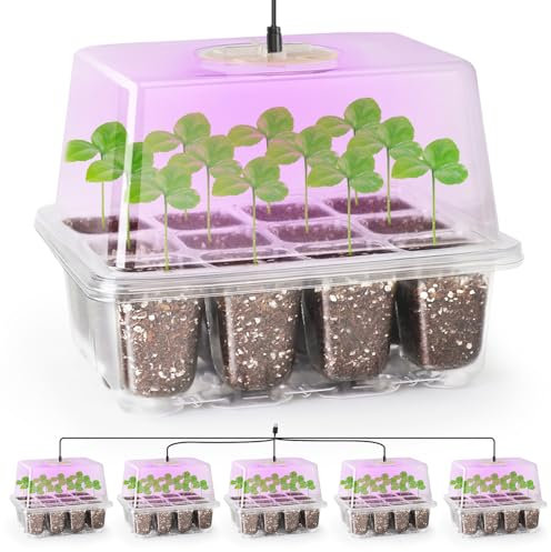 MIXC Seed Trays with Grow Light, 5 Pack Seed Trays with Lids, Propagators for Plants with Adjustable Lids and Clear Cell Tray, Propagator with 8 Full Spectrum Led Lamp Beads, For Indoor Plants, Clear