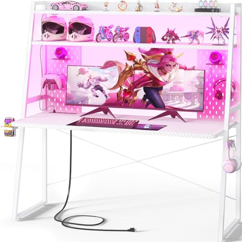 Besiost Gaming Desk with Hutch and LED Lights, Gaming Computer Desk with Power Outlets, Gamer Desk with Storage Shelves, PC Game Desk with Pegboards for Bedroom, Carbon Fiber White, 49