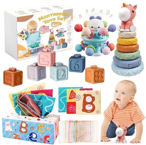 Jouet Bebe 6 Mois -3 Ans, 4 in 1 jouet montessori 1 an, Jouets Sensoriels, Gobelets Empilables, Blocs de Construction, Boite de Mouchoirs en Papier, Jouet Bebe 1 an, Cadeau d'Anniversaire pour Bébé