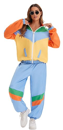 Velcoxplay 80er Jahre Kostüm Damen Trainingsanzug Disco, 80er 90er Retro Anzug Jacke Hose Anzug Style Jogginganzug für Karneval Faschingskostüm