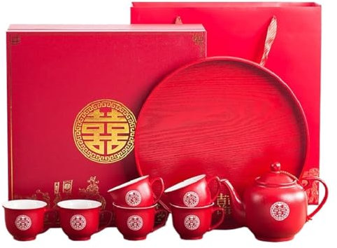 ABNNHK Set da tè, Set da tè Cinese Kung Fu Teiera Doppia Felicità Porcellana Set da tè Rosso per Matrimoni Teiera, Forniture per Decorazioni Nuziali Tradizionali Cinesi, Set da tè in Cera