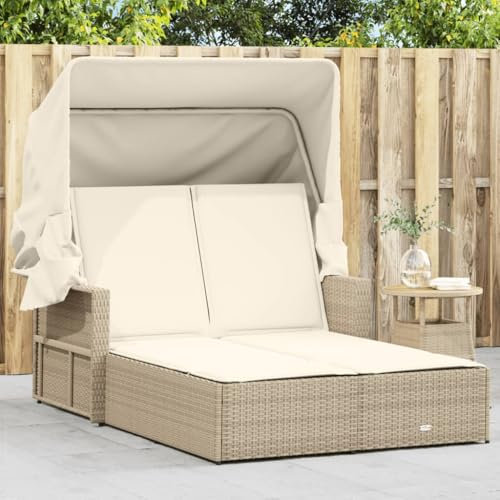 LAPOOH Doppel-Sonnenliege mit Dach und Auflagen Beige Poly Rattan, Gartenliege, Liegestuhl, Sonnenstuhl, Sonneninsel Outdoor, Liegen, Gartenmöbel, Bäderliege, Relaxliege - 365810
