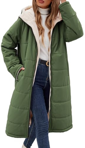 Tuopuda Winter Long Coats for Women Fleece Puffer Coat Warm Full Zip Hooded Long Jackets Plus Size Quilted Outerwear Outdoor Hiking Overcoat(Green,S)