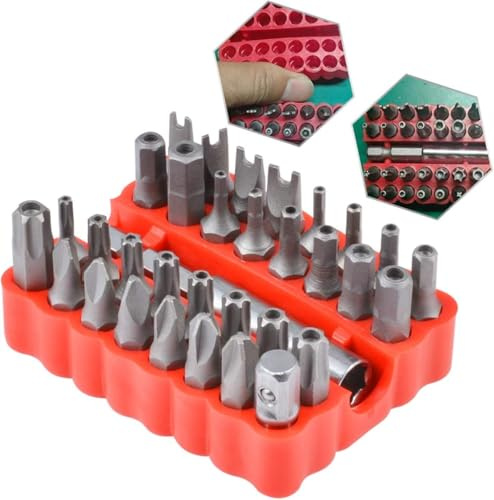 HOHXEN 33 Pièces Tête de Tournevis, Kit de Foret hexagonal à Vis de Sécurité Inviolable avec Support de Tête de Foret D'extension Magnétique, Kit de Tournevis Métrique 1/4 - Boîte Rouge