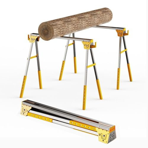 Saw Horses 2 Pack, Steel Professional Saw Horse with Adjustable Height and Folding Heavy Duty Legs, Supports Up to 450 kg, Portable Saw Horses Twin Pack for Woodworking, Carpenters, Contractors(Yellow