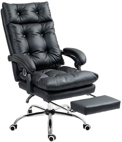 Vinsetto Sedia da Ufficio Ergonomica Presidenziale in Finta Pelle, Poltrona da Ufficio Girevole con Altezza Regolabile, Reclinabile 135° e Poggiapiedi Estraibile per Studio e Scrivania, Nero