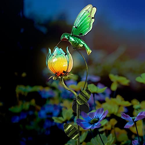 TERESA'S COLLECTIONS Glass Flower Bird Pathway Solar Outdoor Light for Garden Decor, 39'' Tulip and Hummingbird Metal Decorative Stakes Yard Art for Lawn Patio Porch Decorations, Gifts for Mom