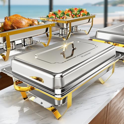 IMXSUMDA 4 Pack Chafing Dishes for Buffet | 9.5QT Stainless Steel Food Warmer with 4 Full Size Pans | Roll-Edge Design | Elegant Gold & Silver Catering Chafer for Parties/Events/Weddings