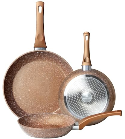 Innerwell - Set de poêles à frire antiadhésives 20/24/28 cm, poêle à induction, en aluminium doré avec revêtement en granit antiadhésif, sans PFOA