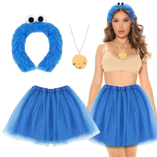 Capaneus Krümelmonster Kostüm Damen, Tüllrock Blau Krümelmonster Haarreif, Cookie Halskette, Krümelmonster Kostüm Accessoires für Damen Karneval, Fasching Halloween Motto Party Cosplay Kostüm