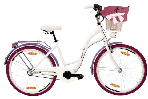 Goetze Style Damen Citybike 26 Zoll, Retro Fahrrad mit 3-Gang | 17-Zoll-Tiefeinsteiger mit Rücktrittbremse & V-Brake, LED-Beleuchtung, Rattankorb, Gepäckträger, Ständer & Klingel