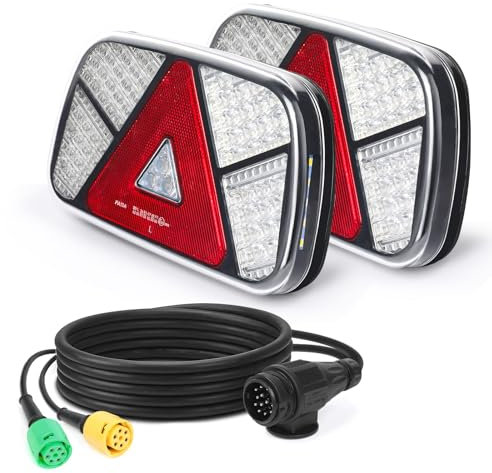 Yuanjoy Kit Feux Arrière Remorque 12V/24V Étanche Clignotants, Stop, Position, Recul, Antibrouillard & Réflecteur Avec 2 Câbles 5,5m 6 Fils Pour Camion, Caravane, Fourgon, Tracteur