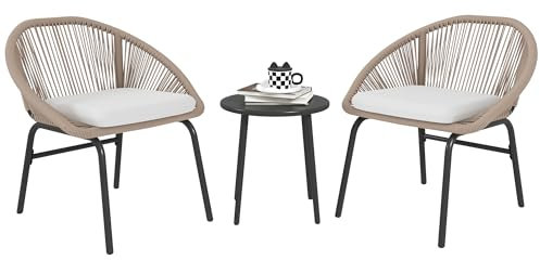 Outsunny Gartenmöbel-Set, 3-teilig, für 2 Personen, mit Sitzkissen, weich, mit Seil aus Polyrattan und Epoxidstahl, Khaki