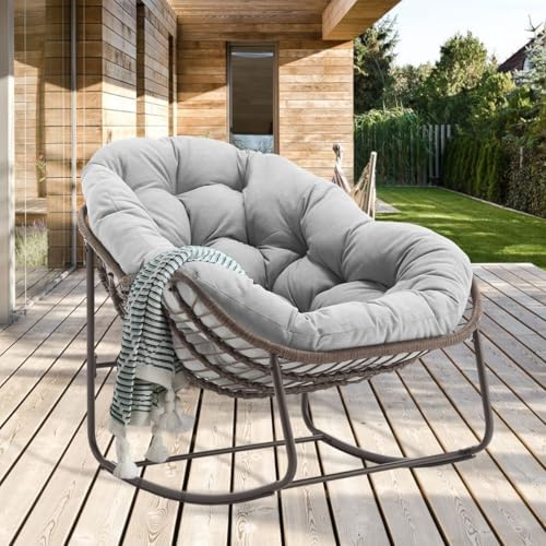 LIFEISLE Schaukelstuhl Schaukelsessel mit Rattan, Loungesessel drinnen & draußen, Ei-Schaukelstuhl für Wohnzimmer Balkon Garten Outdoor und Indoor Olefin-Gewebe Hellgrau