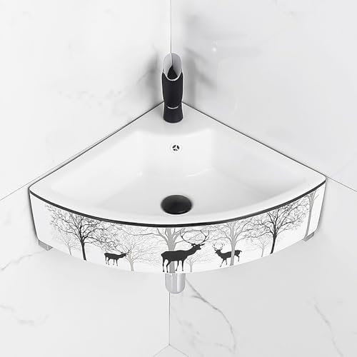 HADECOLL Lavabo d'angle Triangulaire, Petit Lavabo Mural, Meuble-Lavabo d'angle en Céramique, Vasque Moderne avec Trop-Plein, Lavabo Compact en Céramique, pour Petits Espaces, Noir, 32 Cm
