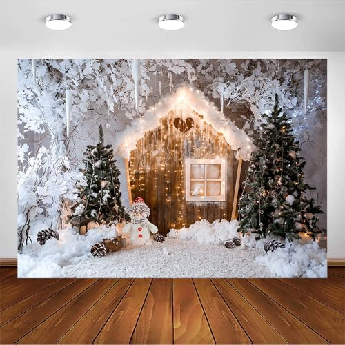 Avezano Toile de fond pour photo de Noël, maison en pain d'épices, bonhomme de neige, fond photo de famille, décoration de fête de Noël, portrait - Accessoires pour photomaton (2,1 x 1,5 m)