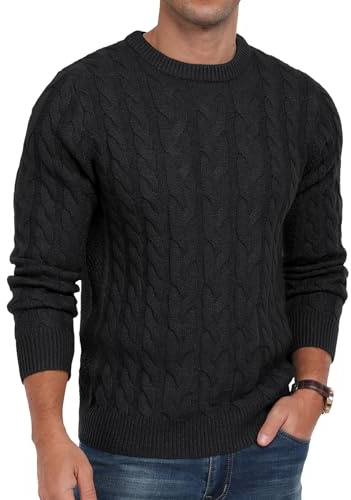 QIXING Men's Cable Knit Jumper Crew Neck Casual Long Sleeve Chunky Knit Sweater with Ribbing Edge