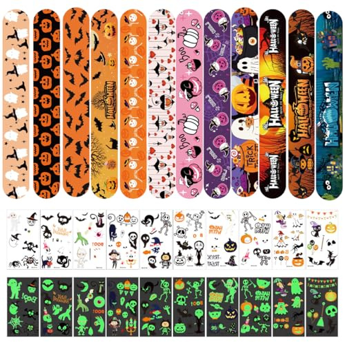YAYNO 12 Pezzi Halloween Braccialetti Slap Bracciali a Scatto per Bambini Schiaffo Bracciali Gadget, 10 Pezzi Fogli Luminoso Tatuaggi per bambini Tatuaggi Temporanei Festa Bomboniere Regalo
