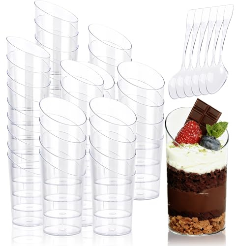 MEETOZ 50Pcs Mini Dessert Cups,70ml Reusable Cheesecake Pots,with 50 Pcs Spoons for Dessert Glasses for Pudding, Mousse, Parfait, Tiramisu, Jelly