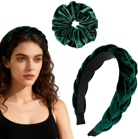 Haarreifen Damen Elegant Set, Geflochtener Trachten Haarreifen Damen Haarschmuck Haarreif Dirndl Samt Oktoberfest Accessoires Anti-Rutsch-Stirnband für Damens Grün