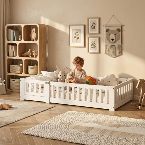 Cama Infantil a RAS de Suelo de 90x200 cm con barandilla de Seguridad, Cama Montessori con Puerta y somier de láminas, Madera Maciza, colchón no Incluido (Blanco-A02, 90x200)
