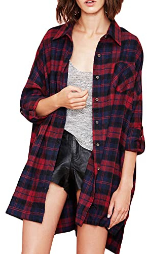 Walmeck Plaid Tartan Baggy Skjorta, Kvinnor överdimensionerade Kontrastpläde Tee med Asymmetrisk Hemlinje och Knäppta Manschetter, Mjuk och Bekväm Casual Skjorta för Kvinnor (Xl)