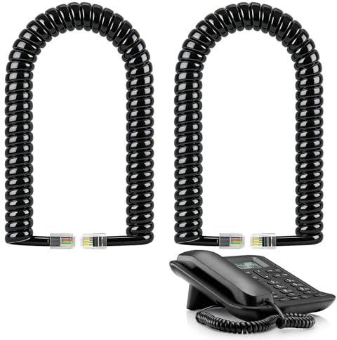 Cable Telefónico en Espiral RJ9 Negro para Auriculares - Longitud Ajustable de 3 a 10 Pies (Paquete de 2) - Ideal para Teléfonos Fijos y Dispositivos Compatibles,Fácil Instalación