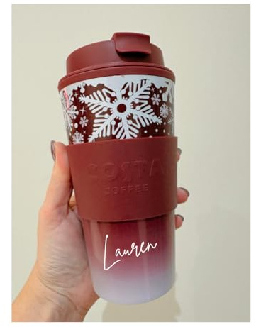 Costa Coffee Reusable Travel Mug, Red Snowflake Design, Personalised Cup with Lid, Gradient Color Base, Winter Theme